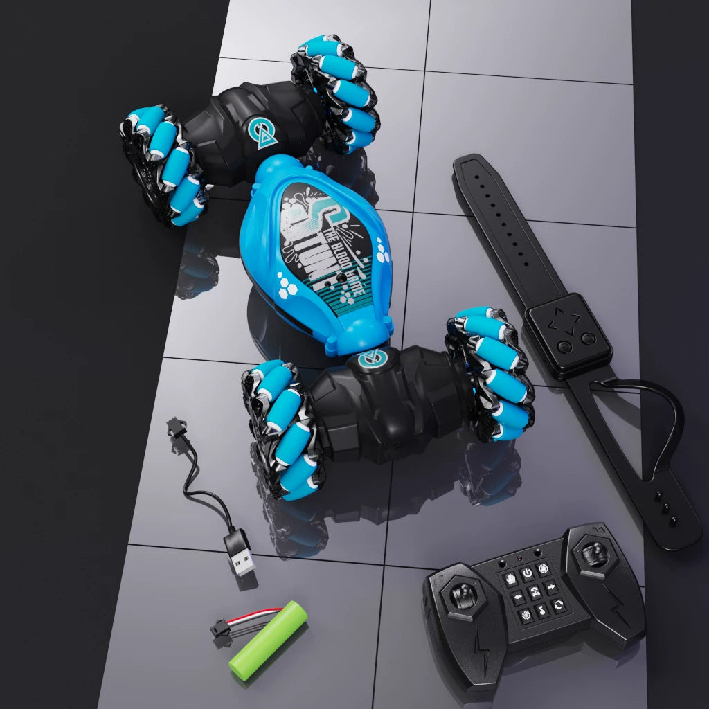 Blue three-mode twist RC car with hood details, handheld remote and watch controller