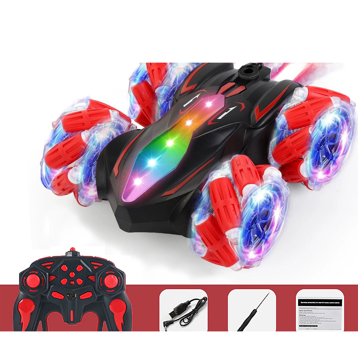 Red RC stunt car in the Light-Up Wheels and Dual Spray configuration