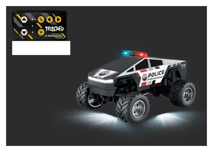 Black Police 910 RC monster pickup with chrome-finish wheel hubs and yellow-button card remote