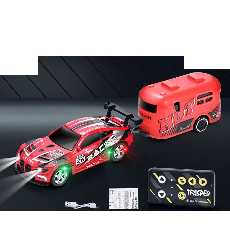 Mini RC Racing Coupe with Controller and Trailer Choices: Red mini RC car with matching trailer and mini controller; package version selected separately