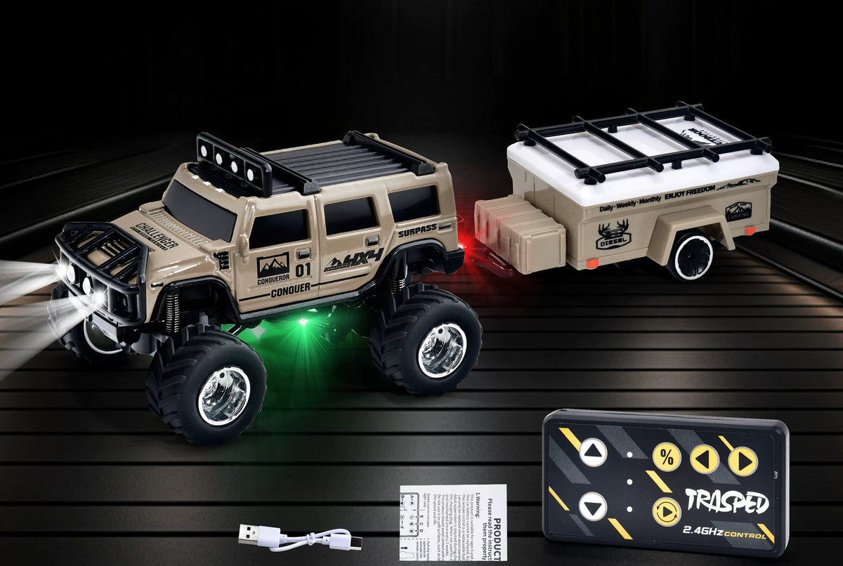 Khaki Hummer-style mini RC SUV with matching camper, card-style remote and USB cable