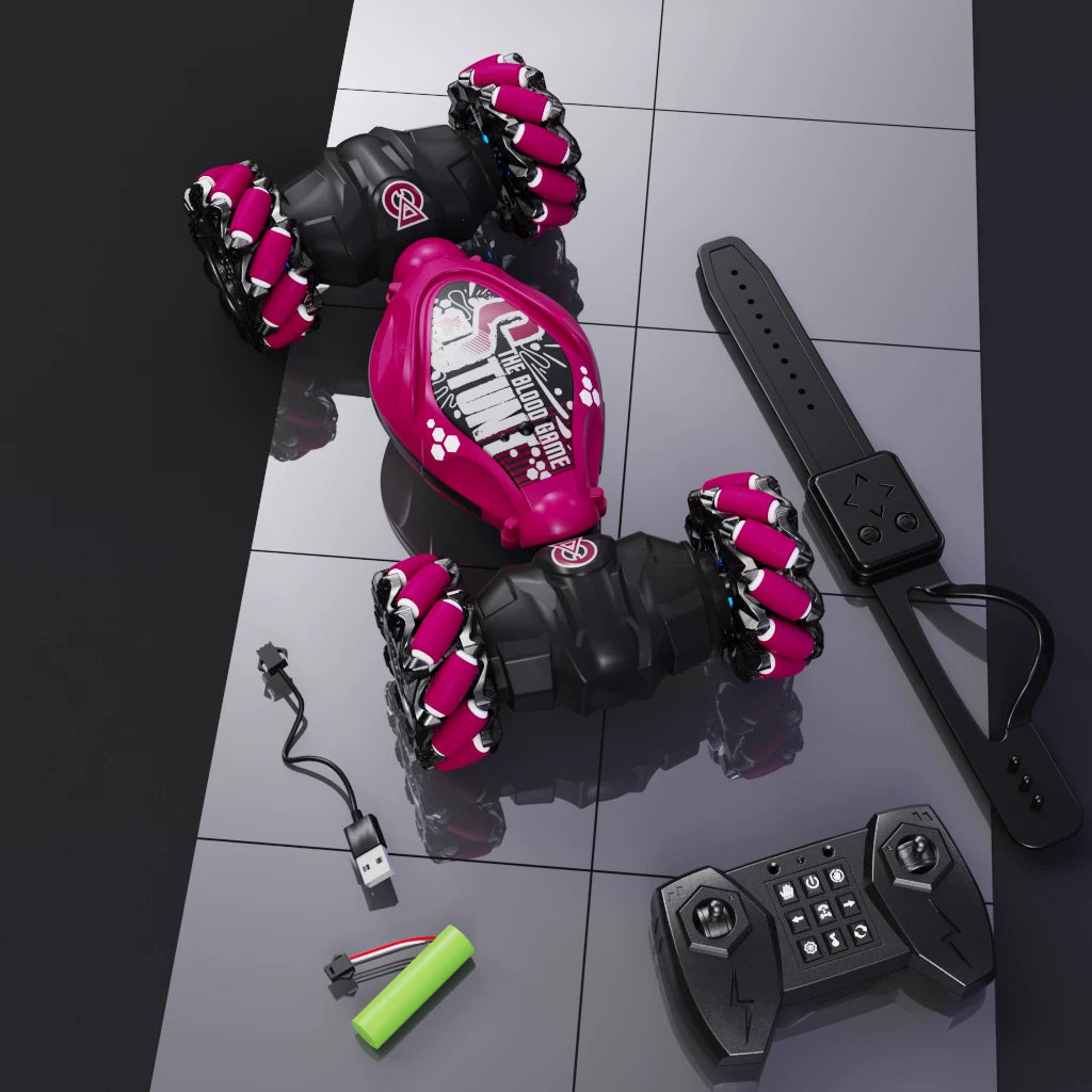Red three-mode twist RC car with hood details, handheld remote and watch controller