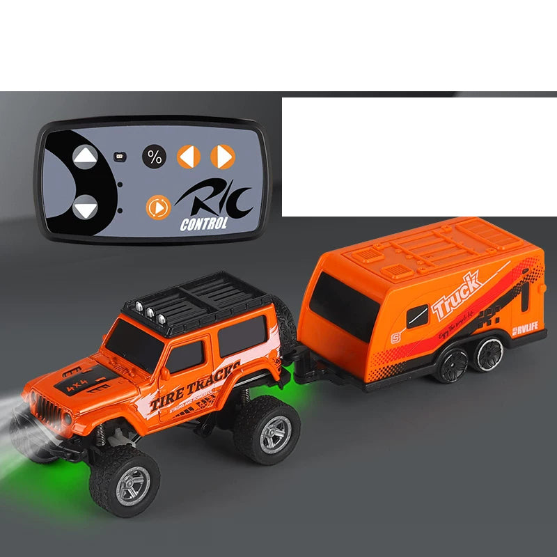 Mini RC SUV with Color and Trailer Choices: Orange mini RC SUV with matching trailer and its mini controller