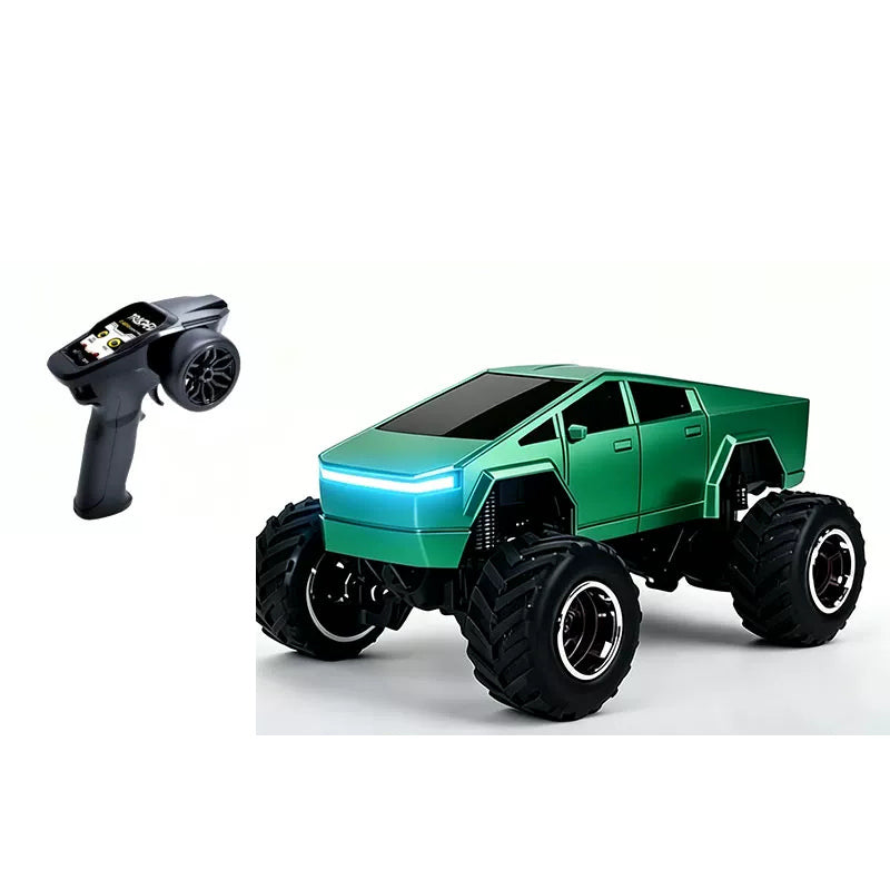 Green angular RC truck beside its pistol-style remote controller