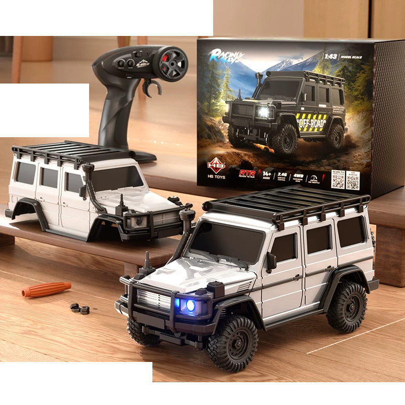 HB R43 1:43 Mini RC Crawler SUV Series: R4311 / Silver SUV with one handheld controller and one spare white body shell; one complete vehicle supplied