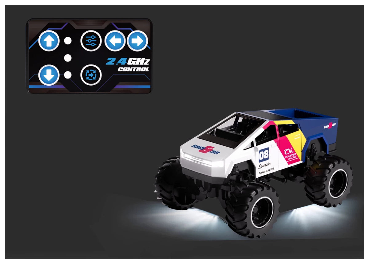 Multicolor 08 smooth-cab RC monster pickup with dark rims and blue-button card remote