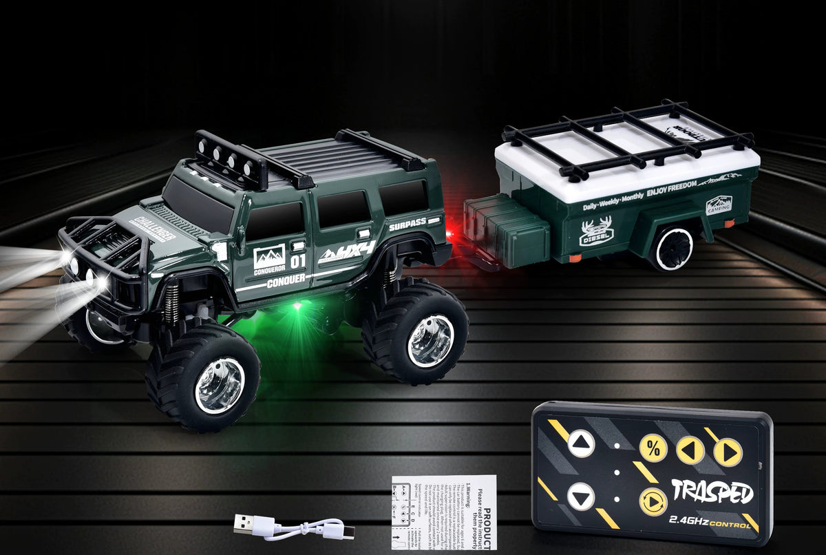 Green Hummer-style mini RC SUV with matching camper, card-style remote and USB cable
