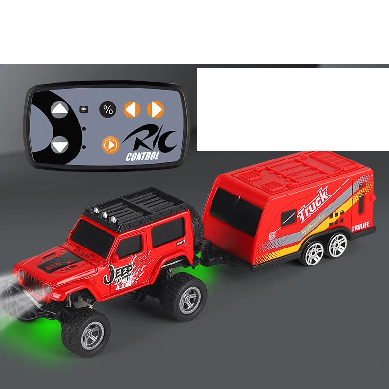Mini RC SUV with Color and Trailer Choices: Red mini RC SUV with matching trailer and its mini controller