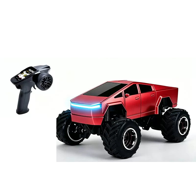 Red angular RC truck beside its pistol-style remote controller