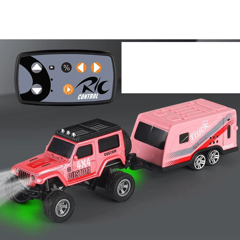 Mini RC SUV with Color and Trailer Choices: Pink mini RC SUV with matching trailer and its mini controller