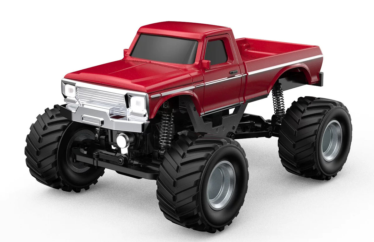 Red 1:36 RC pickup showing its body, bed and treaded tires