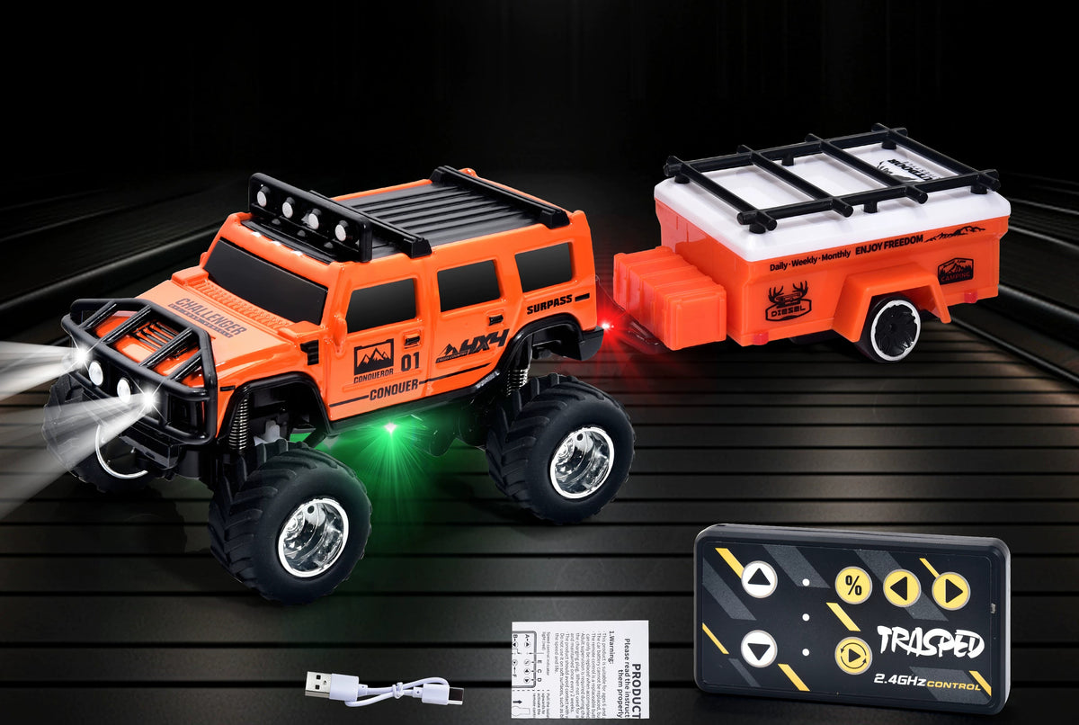 Orange Hummer-style mini RC SUV with matching camper, card-style remote and USB cable