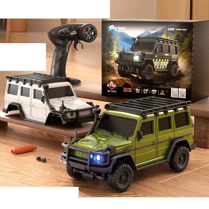 HB R43 1:43 Mini RC Crawler SUV Series: R4312 / Green SUV with one handheld controller and one spare white body shell; one complete vehicle supplied