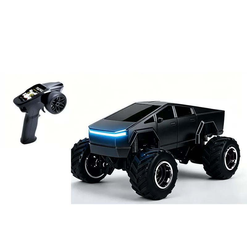 Black angular RC truck beside its pistol-style remote controller