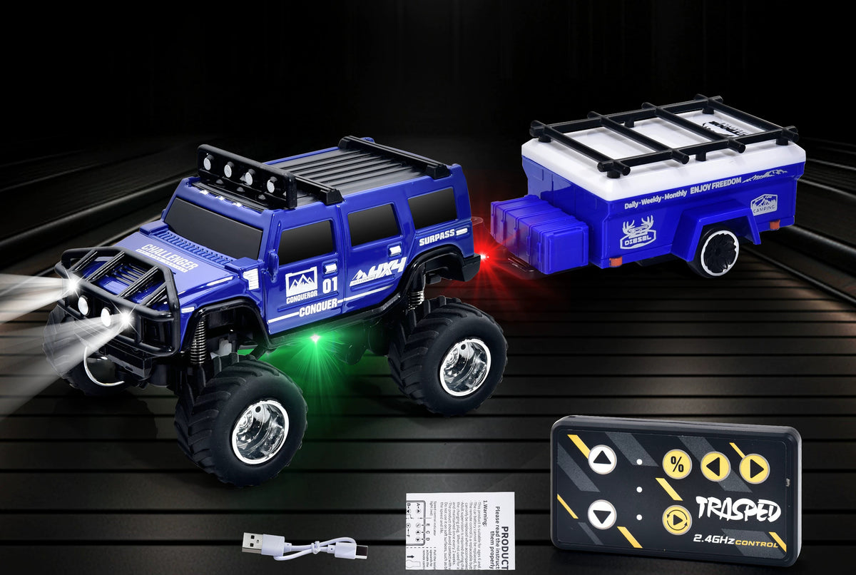 Blue Hummer-style mini RC SUV with matching camper, card-style remote and USB cable