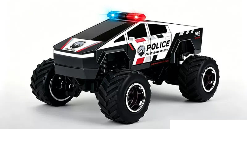 Black Police 910 detailed-cab RC monster pickup with dark rims