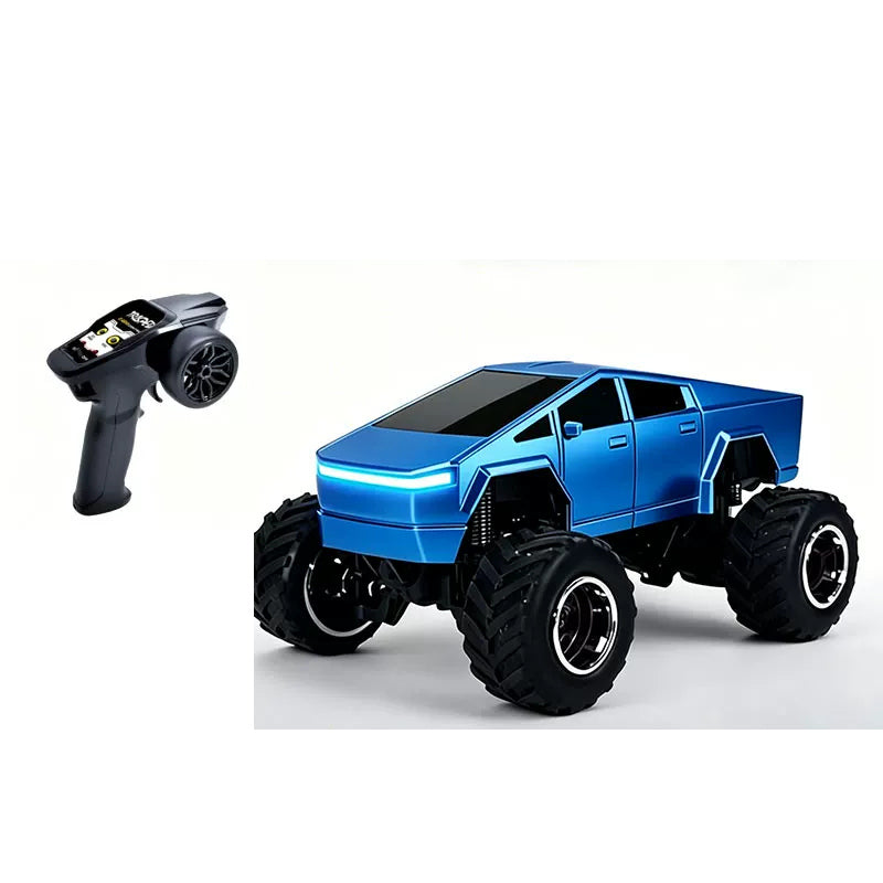 Blue angular RC truck beside its pistol-style remote controller