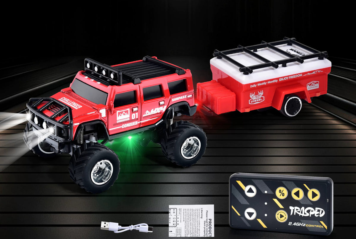 Red Hummer-style mini RC SUV with matching camper, card-style remote and USB cable