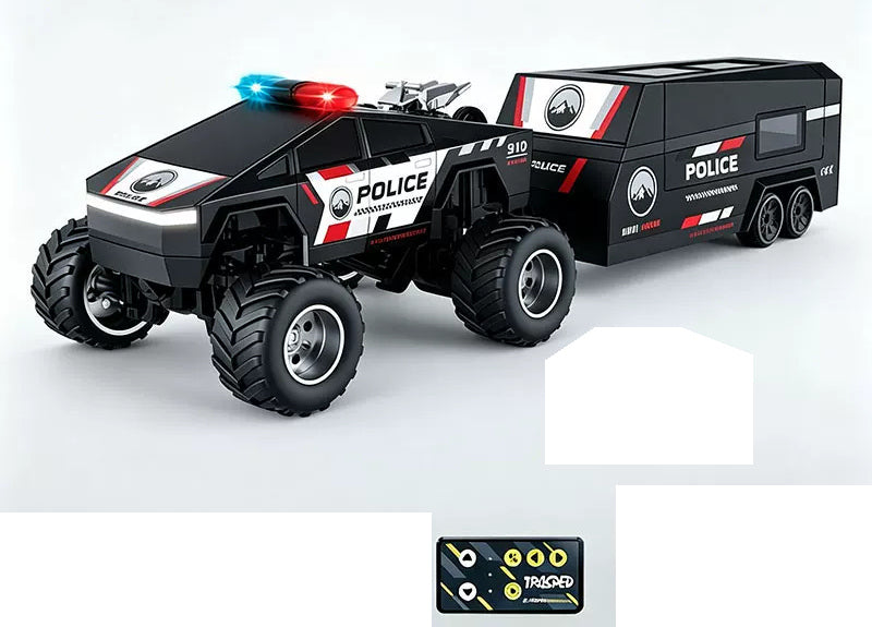 Black Police 910 RC monster pickup with matching camper trailer; small roof display miniature is not listed in package