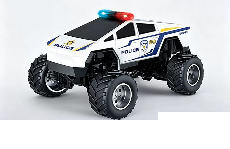 White Police 06 detailed-cab RC monster pickup with chrome-finish wheel hubs