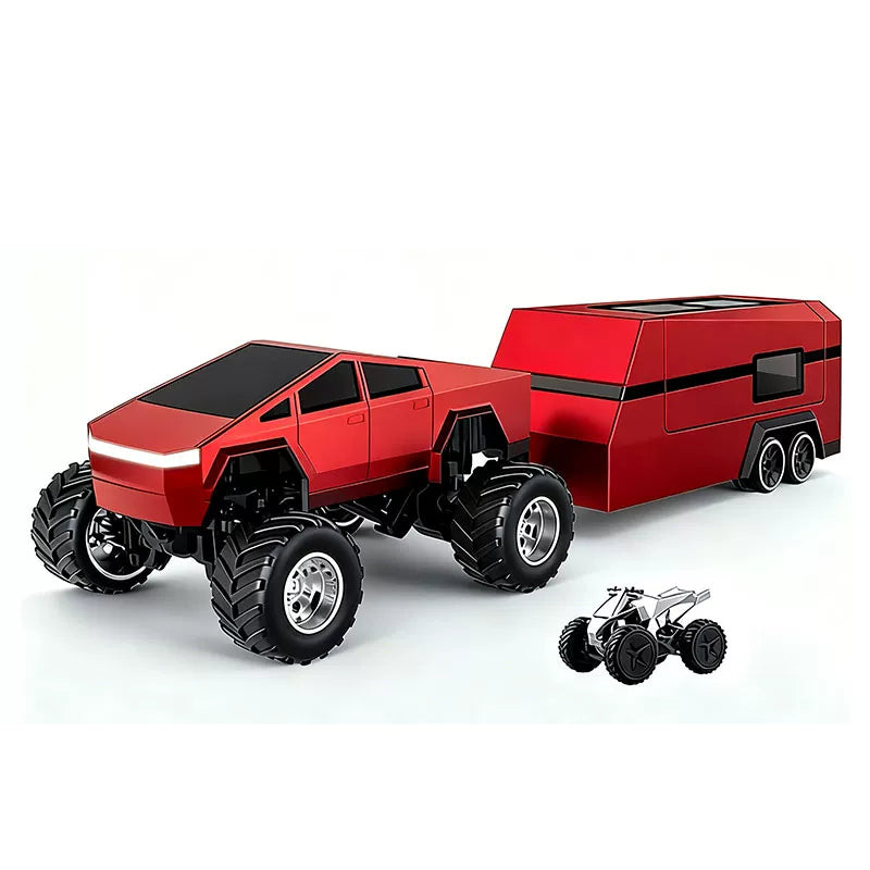 Red angular RC truck with matching camper trailer and a miniature display prop