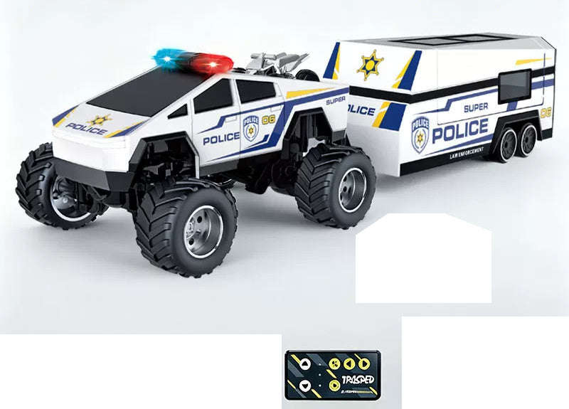 White Police 06 RC monster pickup with matching camper trailer; small roof display miniature is not listed in package