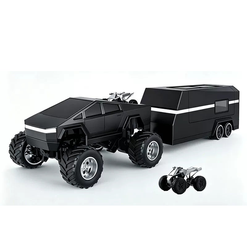 Black angular RC truck with matching camper trailer and a miniature display prop
