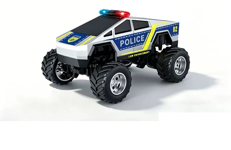 Silver and blue Police 02 detailed-cab RC monster pickup with chrome-finish wheel hubs