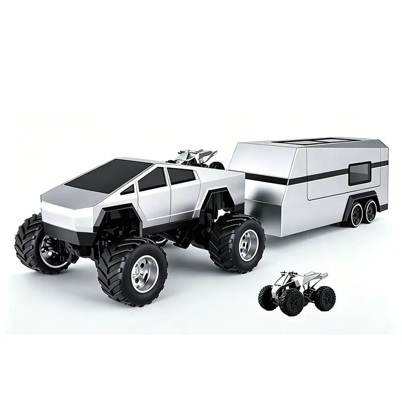 Silver angular RC truck with matching camper trailer and a miniature display prop