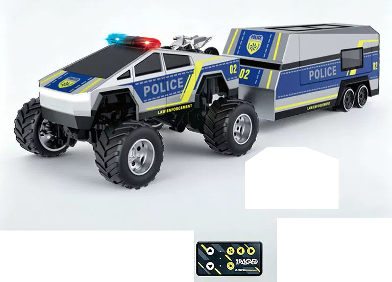 Silver and blue Police 02 RC monster pickup with matching camper trailer; small roof display miniature is not listed in package