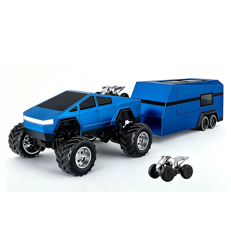Blue angular RC truck with matching camper trailer and a miniature display prop