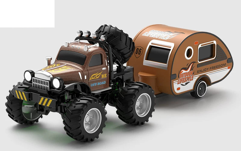 Brown retro RC truck with matching camper trailer