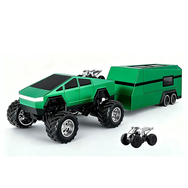 Green angular RC truck with matching camper trailer and a miniature display prop