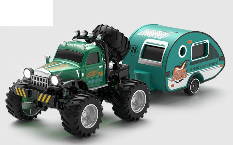 Green retro RC truck with matching camper trailer