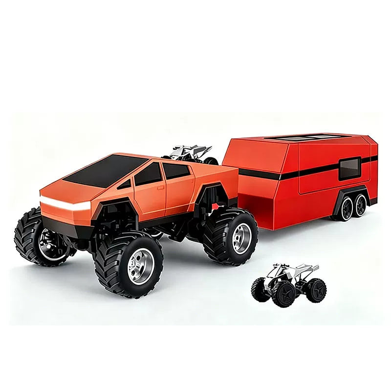 Orange angular RC truck with matching camper trailer and a miniature display prop