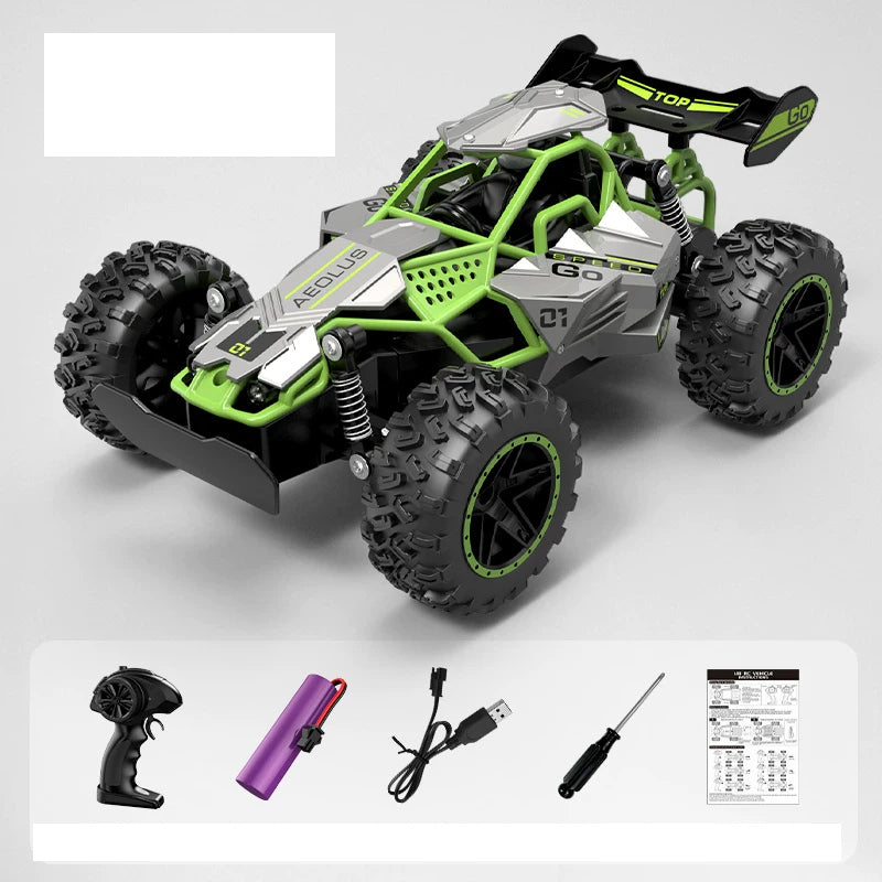 Green open-frame RC buggy with a representative one-battery package; delivered battery total follows the selected option